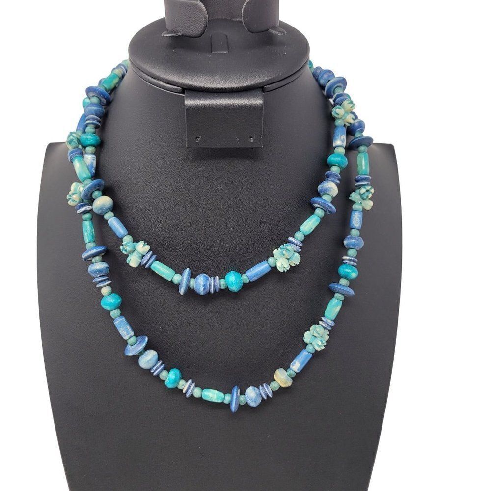 Matinee Beaded Necklace 20" Blue‎ Green Watercolor Carved Ethnic African Beach